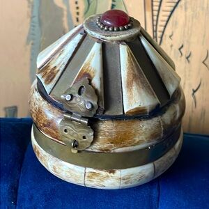 Antique Sudha India Bone Brass Wood Ornate Round Trinket Jewelry Box Dome Lid